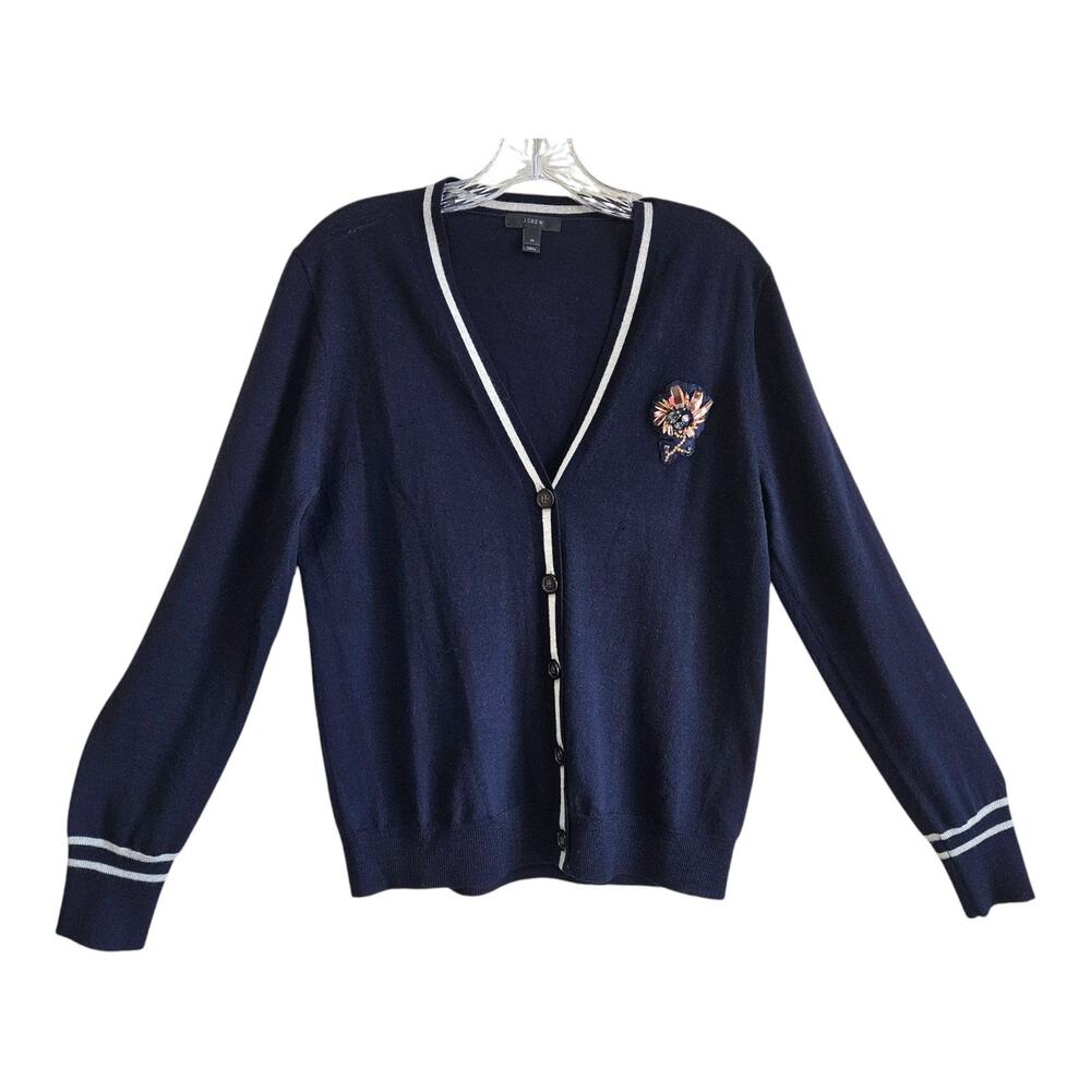 J. CREW Women M Cardigan Sweater 100% Merino Wool Navy Buttons Beaded Brooch 36"